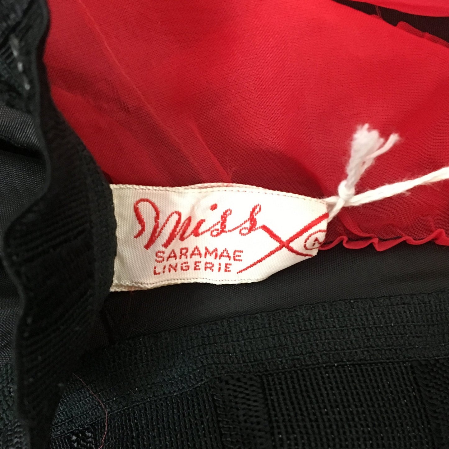 Vintage 1950's Petticoat | Black Nylon with Tiered Red Ruffled Padding | Miss X, Saramae | Size MED - Daggers & Dames