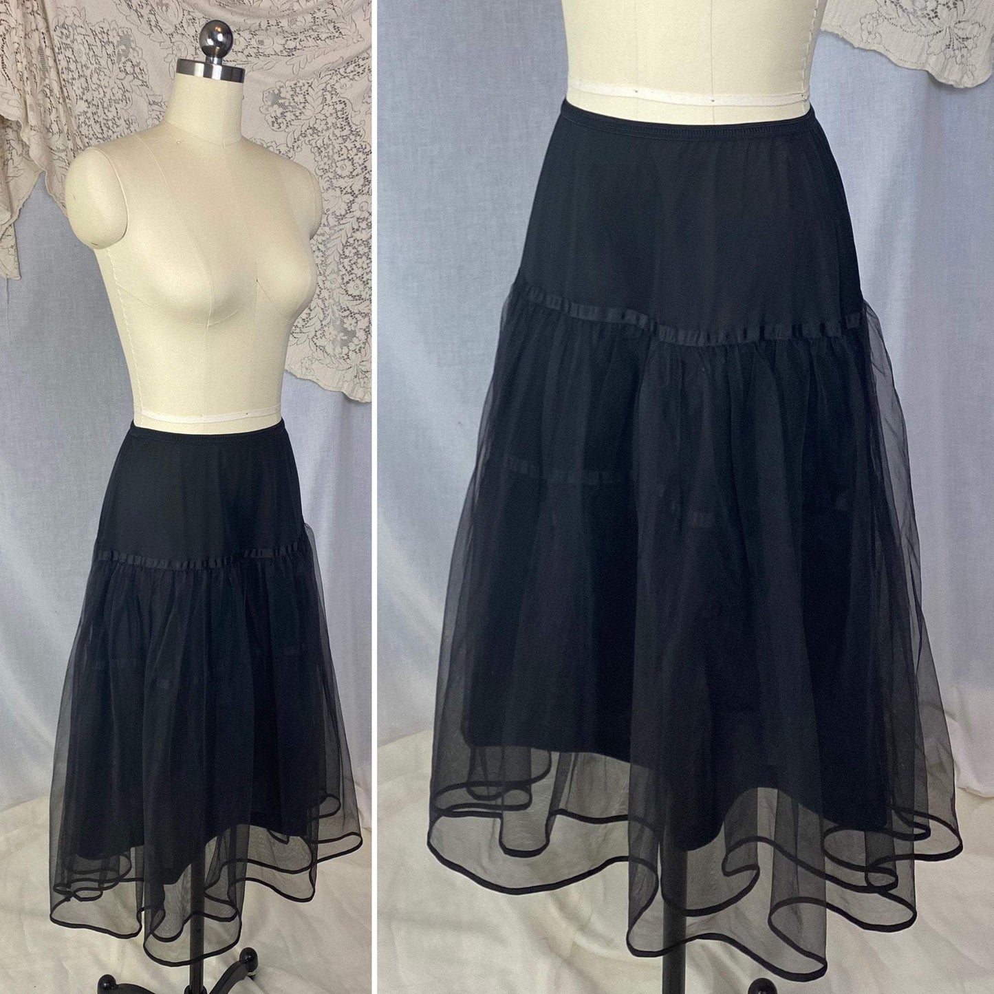Vintage 1950's Petticoat | Black Nylon with Tulle & Satin Ribbon | Size XS, S, M | American Maid - Daggers & Dames