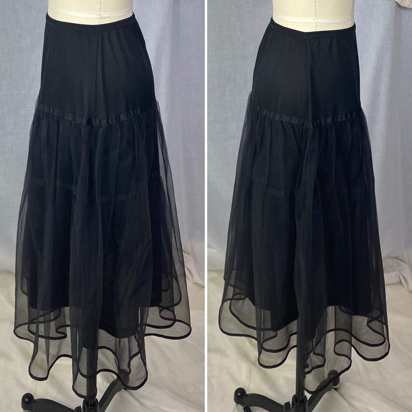 Vintage 1950's Petticoat | Black Nylon with Tulle & Satin Ribbon | Size XS, S, M | American Maid - Daggers & Dames