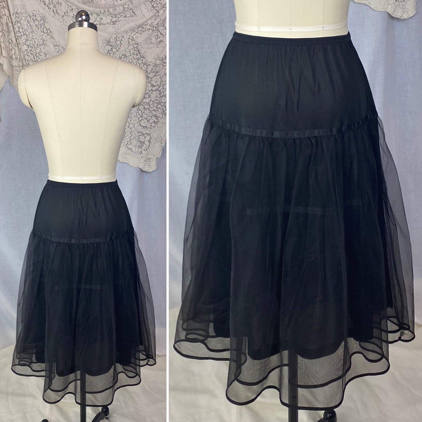 Vintage 1950's Petticoat | Black Nylon with Tulle & Satin Ribbon | Size XS, S, M | American Maid - Daggers & Dames