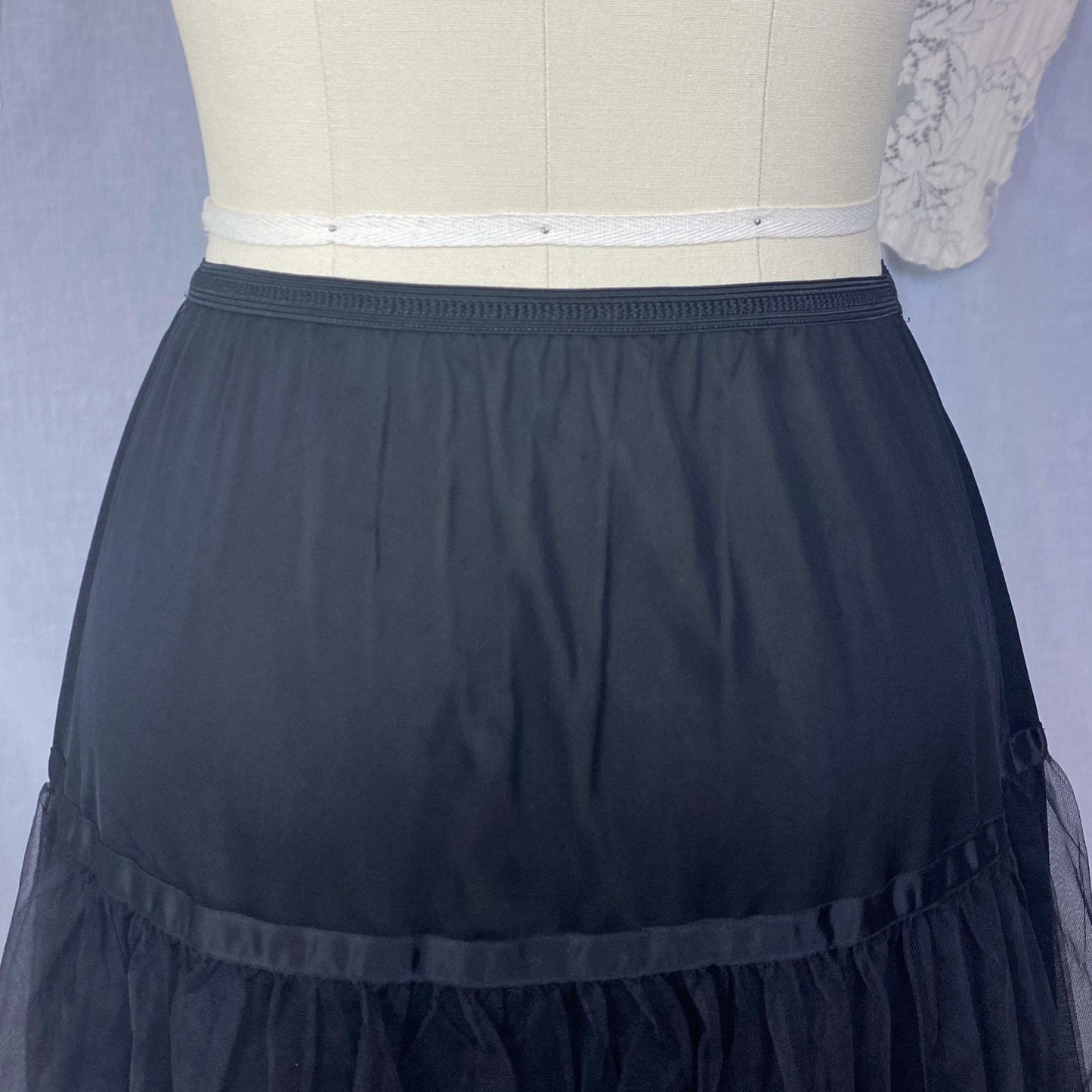 Vintage 1950's Petticoat | Black Nylon with Tulle & Satin Ribbon | Size XS, S, M | American Maid - Daggers & Dames