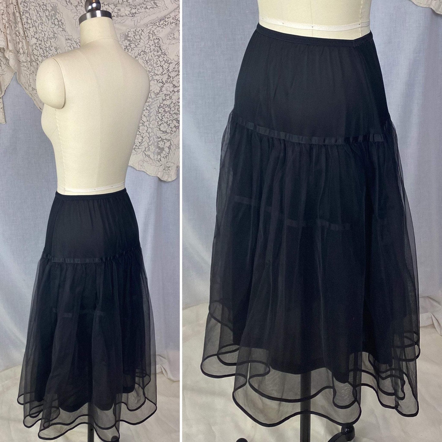 Vintage 1950's Petticoat | Black Nylon with Tulle & Satin Ribbon | Size XS, S, M | American Maid - Daggers & Dames