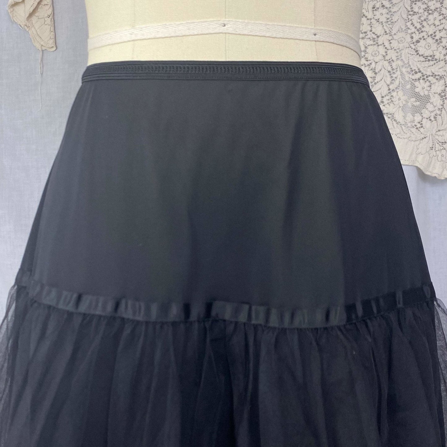 Vintage 1950's Petticoat | Black Nylon with Tulle & Satin Ribbon | Size XS, S, M | American Maid - Daggers & Dames