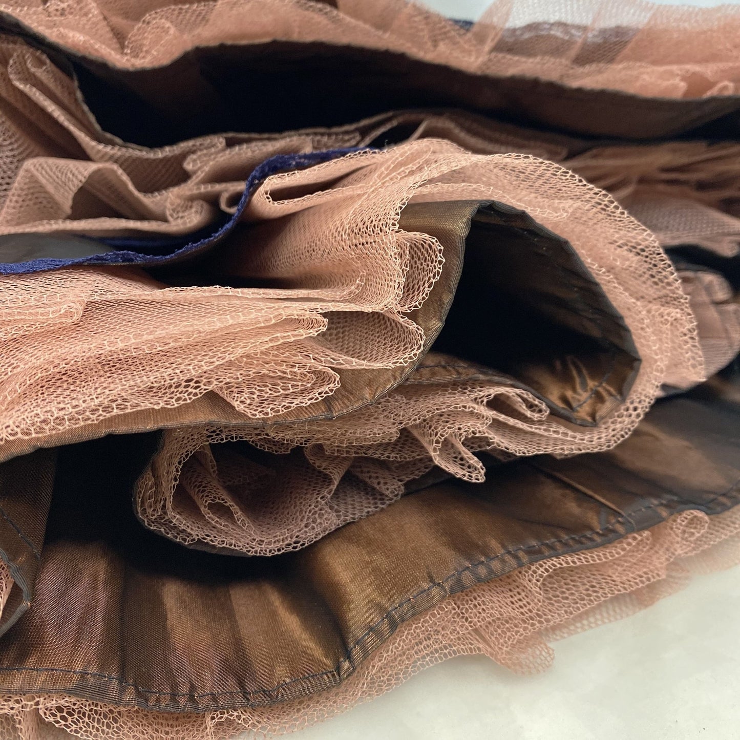 Vintage 1950's Petticoat | Bronze Nylon Taffeta with Navy Blue Lace & Mocha Tulle | Size XS, S - Daggers & Dames