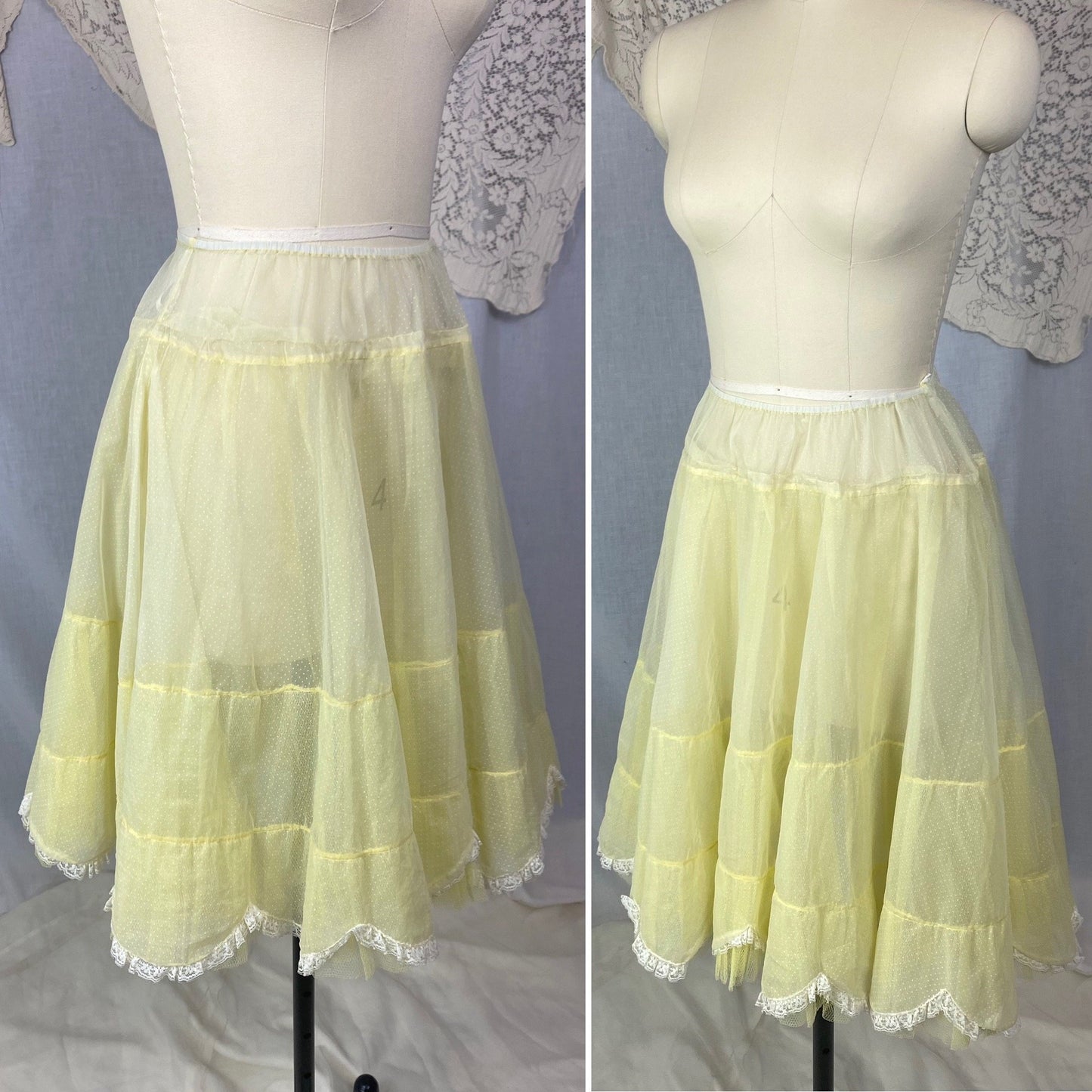 Vintage 1950's Petticoat | Lemonade Yellow Nylon Chiffon with White Swiss Dots & Lace Scalloped Edge | Size S, M, LG | Colonial Lady - Daggers & Dames