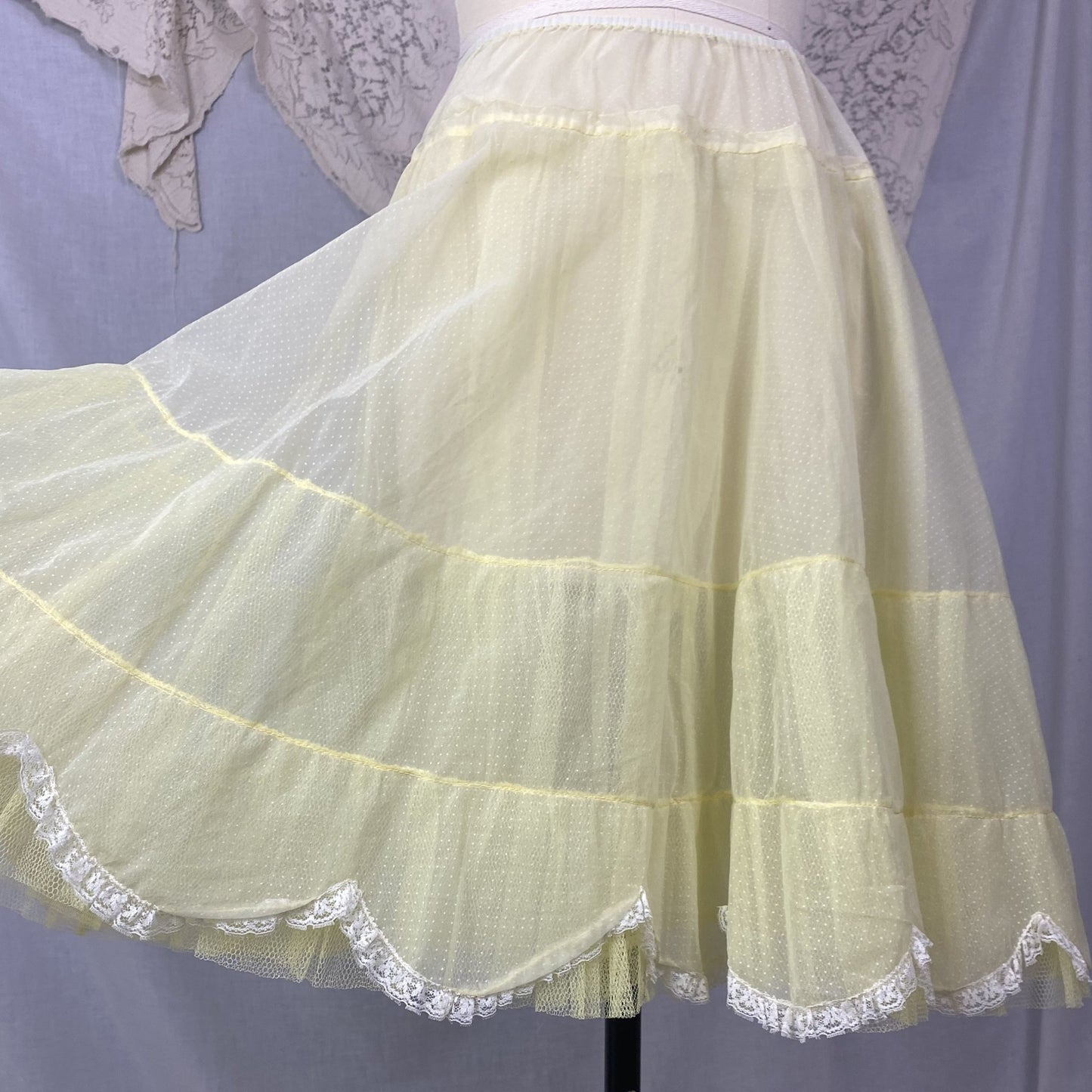 Vintage 1950's Petticoat | Lemonade Yellow Nylon Chiffon with White Swiss Dots & Lace Scalloped Edge | Size S, M, LG | Colonial Lady - Daggers & Dames