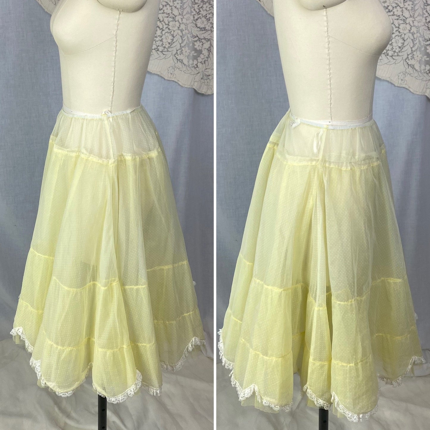 Vintage 1950's Petticoat | Lemonade Yellow Nylon Chiffon with White Swiss Dots & Lace Scalloped Edge | Size S, M, LG | Colonial Lady - Daggers & Dames