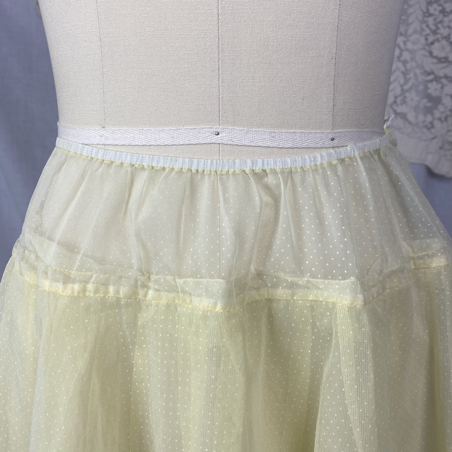 Vintage 1950's Petticoat | Lemonade Yellow Nylon Chiffon with White Swiss Dots & Lace Scalloped Edge | Size S, M, LG | Colonial Lady - Daggers & Dames