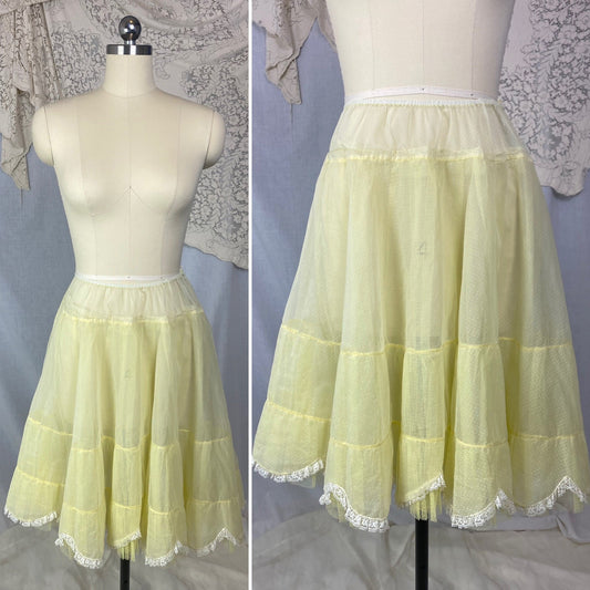Vintage 1950's Petticoat | Lemonade Yellow Nylon Chiffon with White Swiss Dots & Lace Scalloped Edge | Size S, M, LG | Colonial Lady - Daggers & Dames