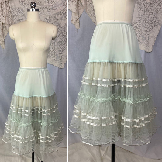 Vintage 1950's Petticoat | Sage Green Nylon with Lush Tulle Ruffles | Size XS, S, M - Daggers & Dames
