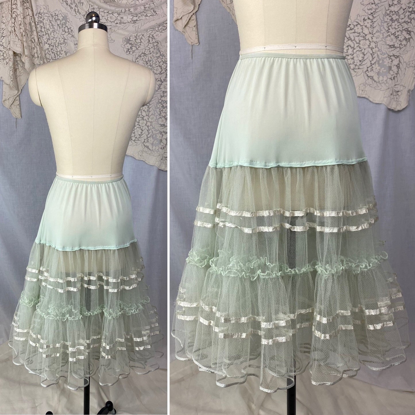 Vintage 1950's Petticoat | Sage Green Nylon with Lush Tulle Ruffles | Size XS, S, M - Daggers & Dames