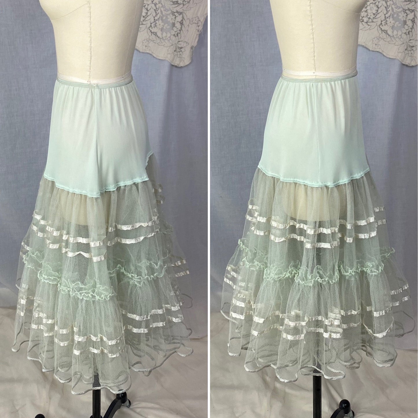 Vintage 1950's Petticoat | Sage Green Nylon with Lush Tulle Ruffles | Size XS, S, M - Daggers & Dames