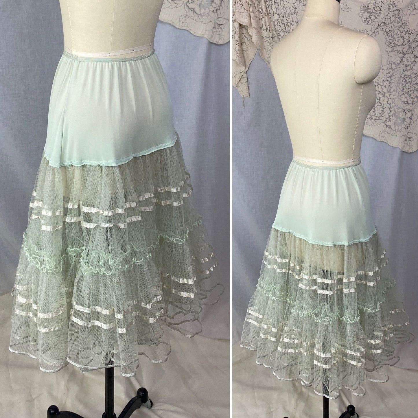 Vintage 1950's Petticoat | Sage Green Nylon with Lush Tulle Ruffles | Size XS, S, M - Daggers & Dames