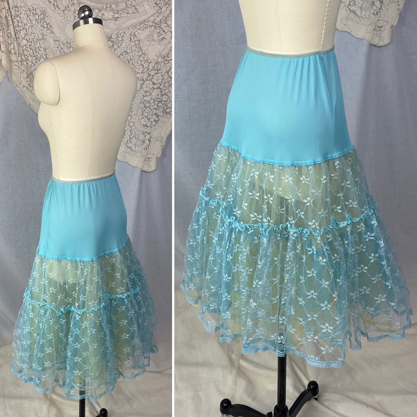 Vintage 1950's Petticoat | Sky Blue Nylon with Lace Embroidery and Yellow Tulle Ruffles | Size XS, S - Daggers & Dames