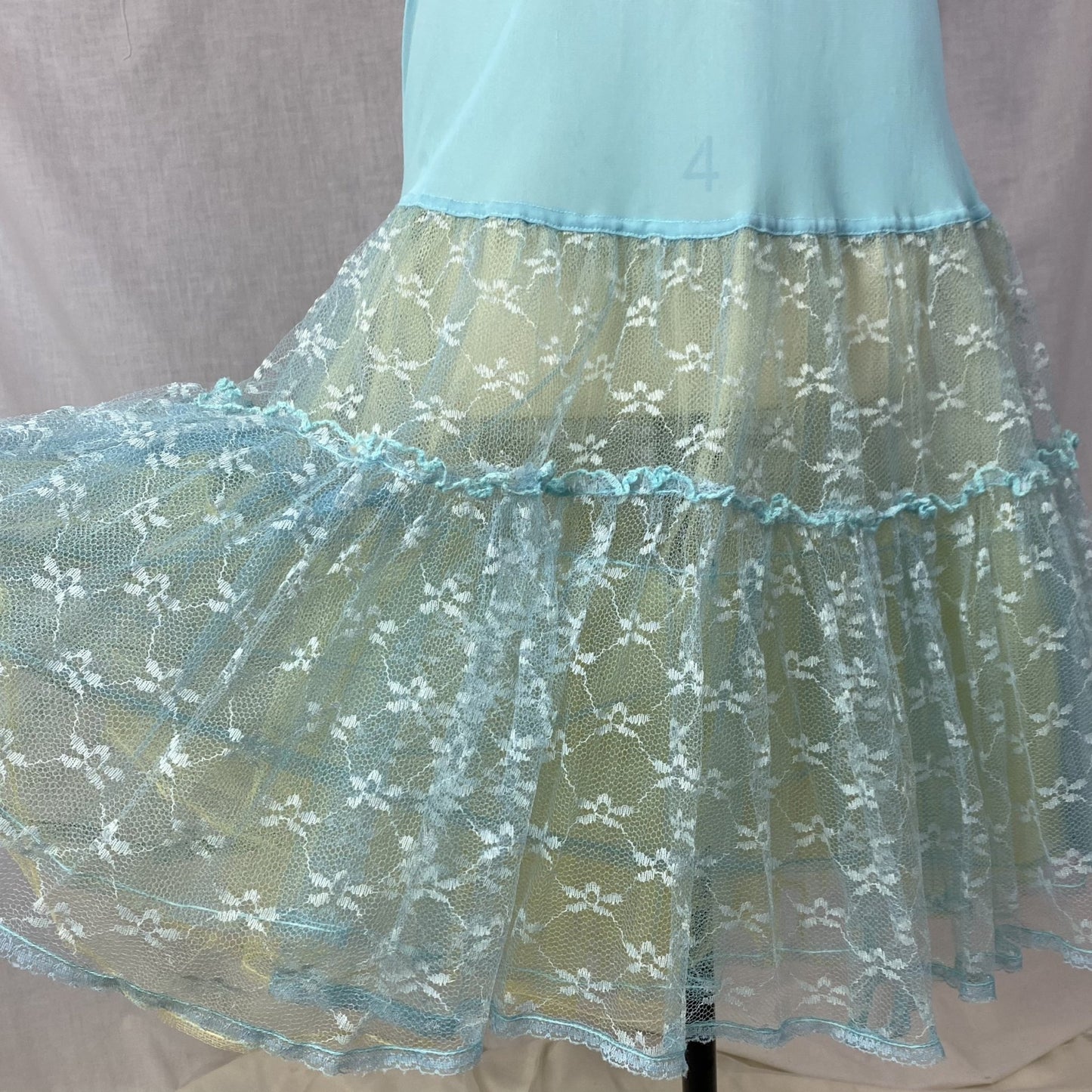 Vintage 1950's Petticoat | Sky Blue Nylon with Lace Embroidery and Yellow Tulle Ruffles | Size XS, S - Daggers & Dames