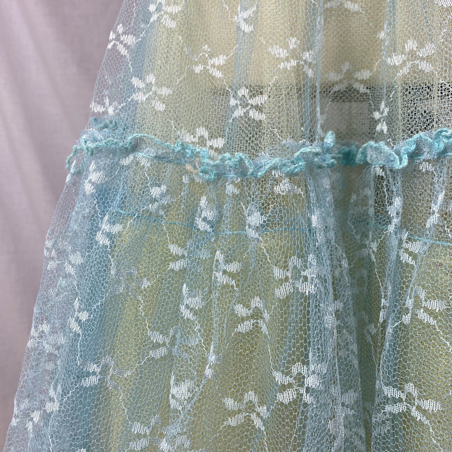 Vintage 1950's Petticoat | Sky Blue Nylon with Lace Embroidery and Yellow Tulle Ruffles | Size XS, S - Daggers & Dames