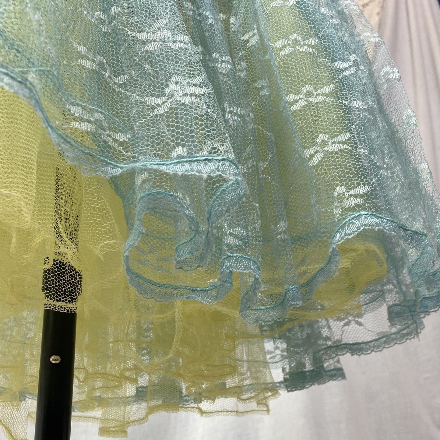 Vintage 1950's Petticoat | Sky Blue Nylon with Lace Embroidery and Yellow Tulle Ruffles | Size XS, S - Daggers & Dames