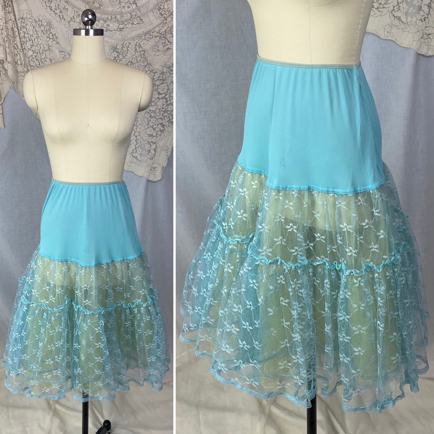 Vintage 1950's Petticoat | Sky Blue Nylon with Lace Embroidery and Yellow Tulle Ruffles | Size XS, S - Daggers & Dames
