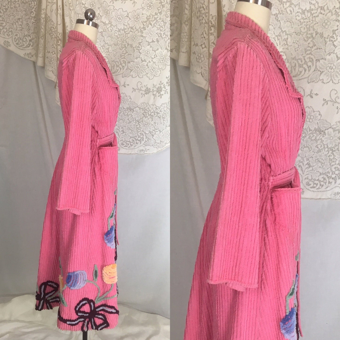 Vintage 1950's Robe | Hot Pink Chenille with Flowers & Bows | Size M, LG - Daggers & Dames