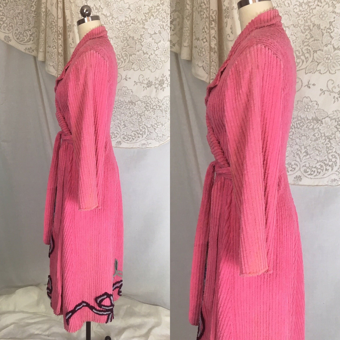 Vintage 1950's Robe | Hot Pink Chenille with Flowers & Bows | Size M, LG - Daggers & Dames