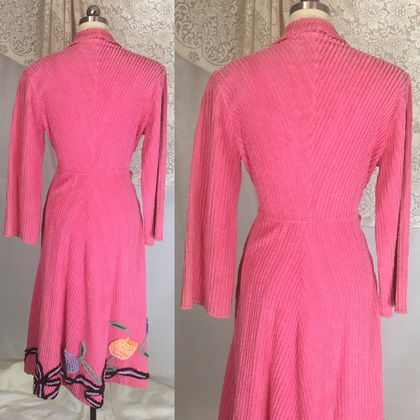 Vintage 1950's Robe | Hot Pink Chenille with Flowers & Bows | Size M, LG - Daggers & Dames