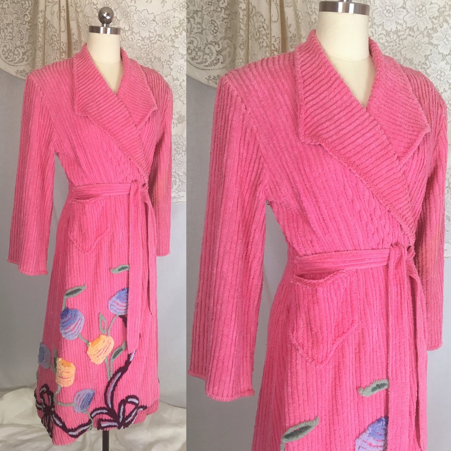 Vintage 1950's Robe | Hot Pink Chenille with Flowers & Bows | Size M, LG - Daggers & Dames