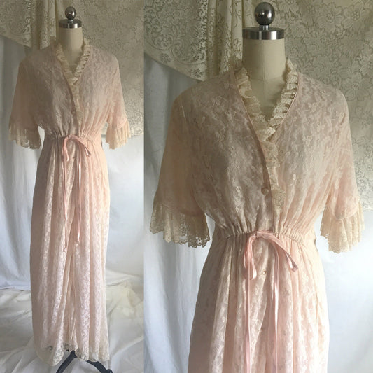 Vintage 1950's Robe | Ivory Lace with Rhinestone Buttons & Pale Pink Nylon | Size M, LG - Daggers & Dames