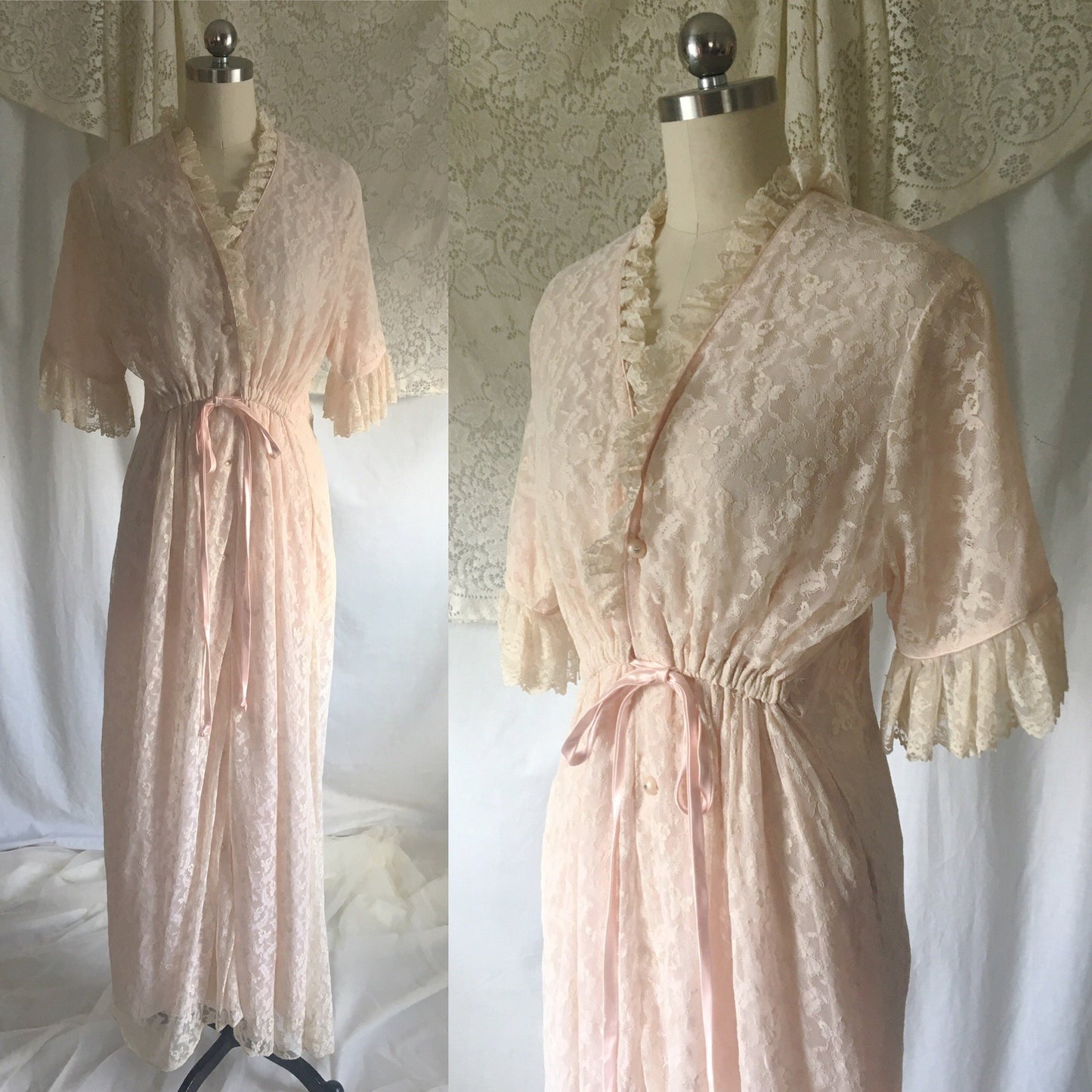 Vintage 1950's Robe | Ivory Lace with Rhinestone Buttons & Pale Pink Nylon | Size M, LG - Daggers & Dames