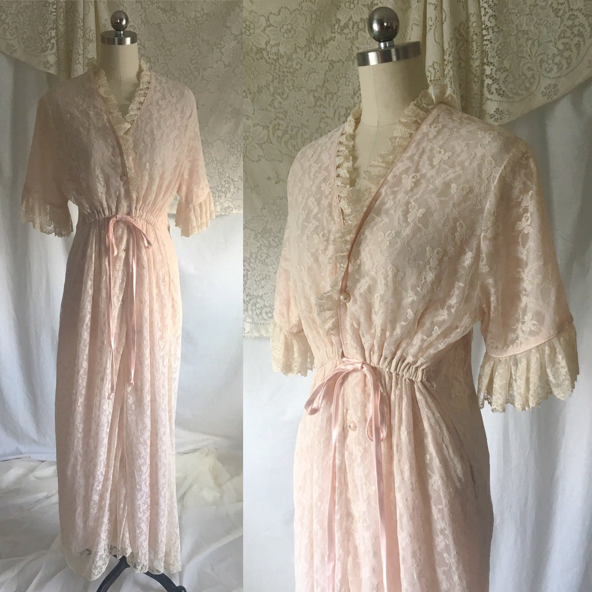 Vintage 1950's Robe | Ivory Lace with Rhinestone Buttons & Pale Pink Nylon | Size M, LG - Daggers & Dames