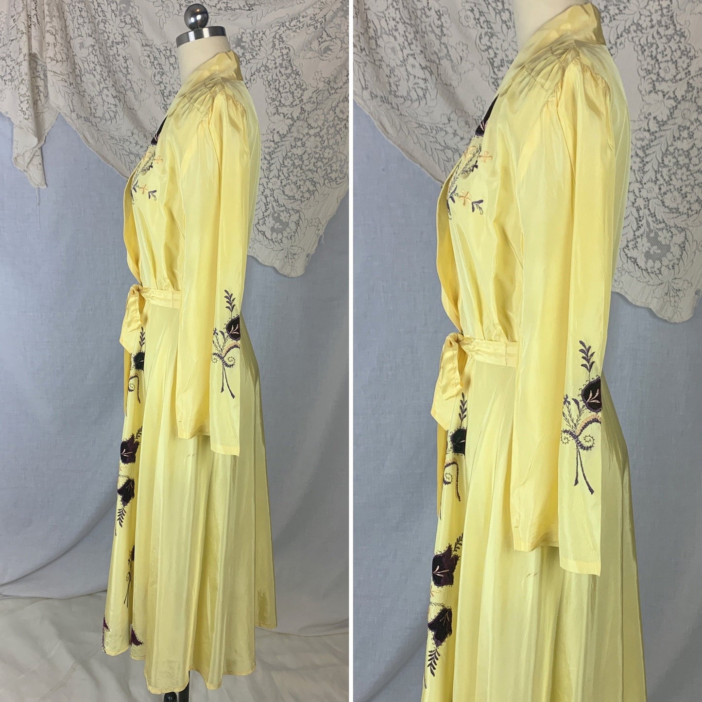 Vintage 1950's Robe | Lemon Yellow Rayon Taffeta with Purple Velvet Floral Appliqués | Size M - Daggers & Dames