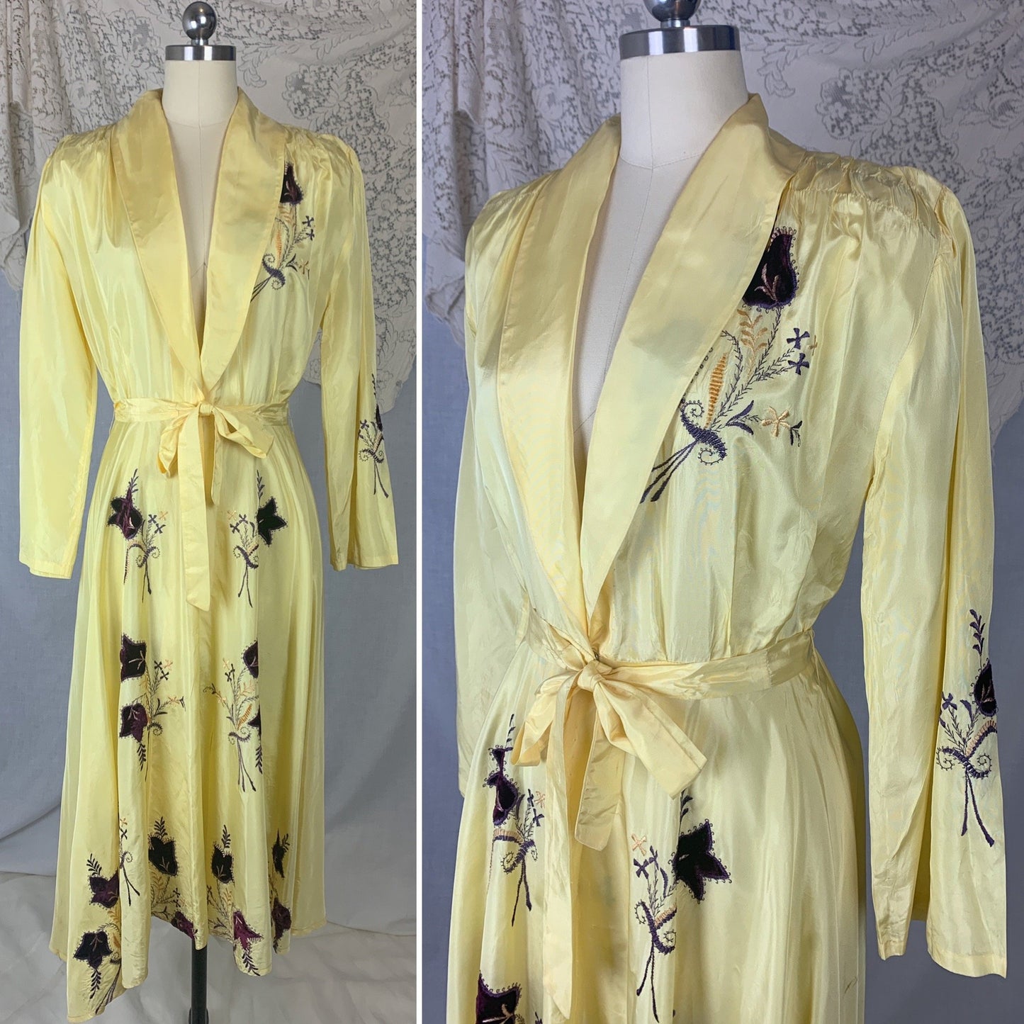 Vintage 1950's Robe | Lemon Yellow Rayon Taffeta with Purple Velvet Floral Appliqués | Size M - Daggers & Dames