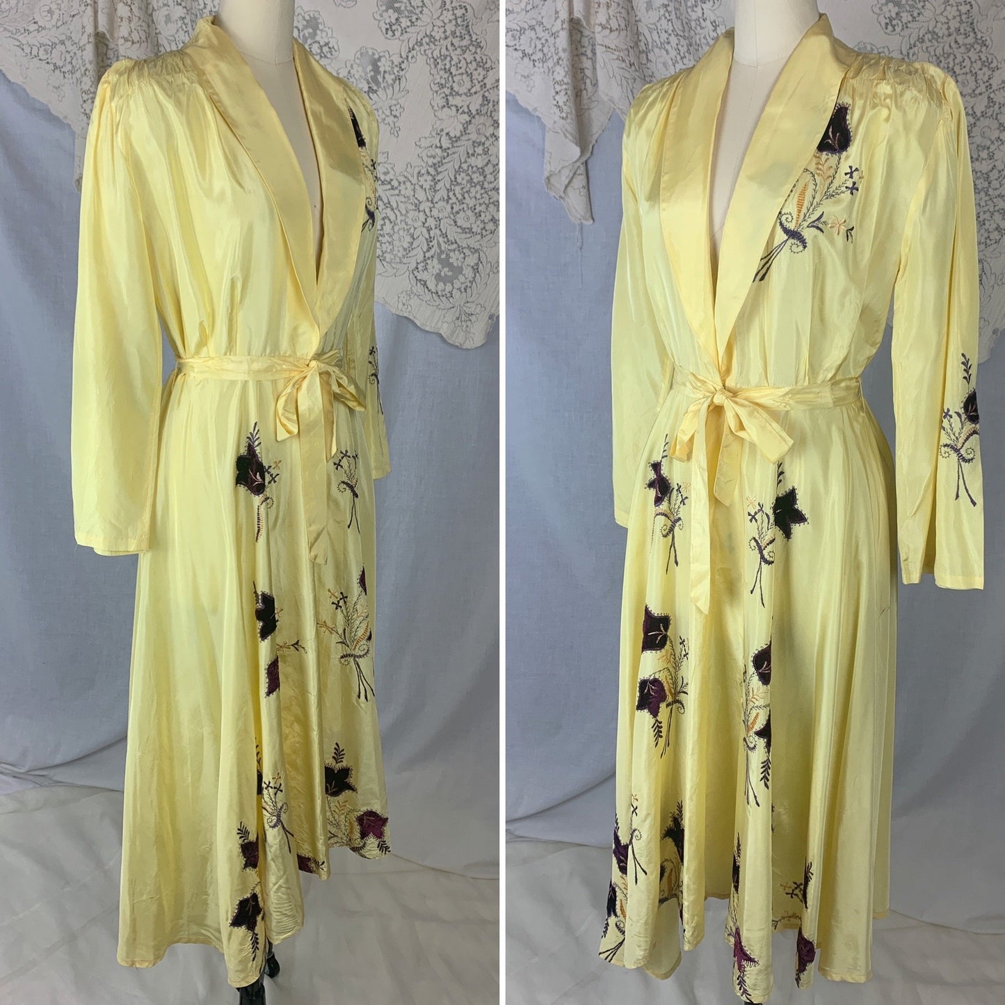 Vintage 1950's Robe | Lemon Yellow Rayon Taffeta with Purple Velvet Floral Appliqués | Size M - Daggers & Dames