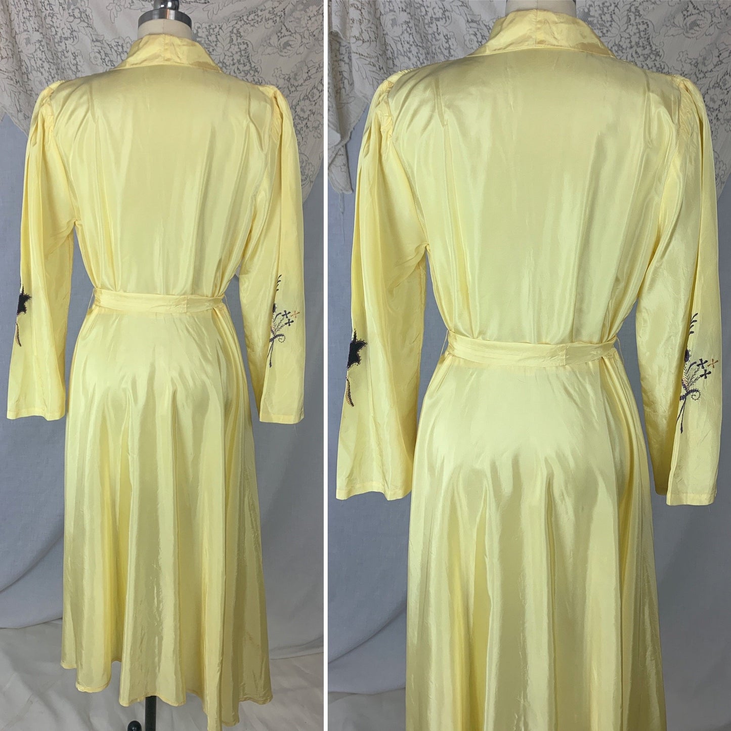 Vintage 1950's Robe | Lemon Yellow Rayon Taffeta with Purple Velvet Floral Appliqués | Size M - Daggers & Dames