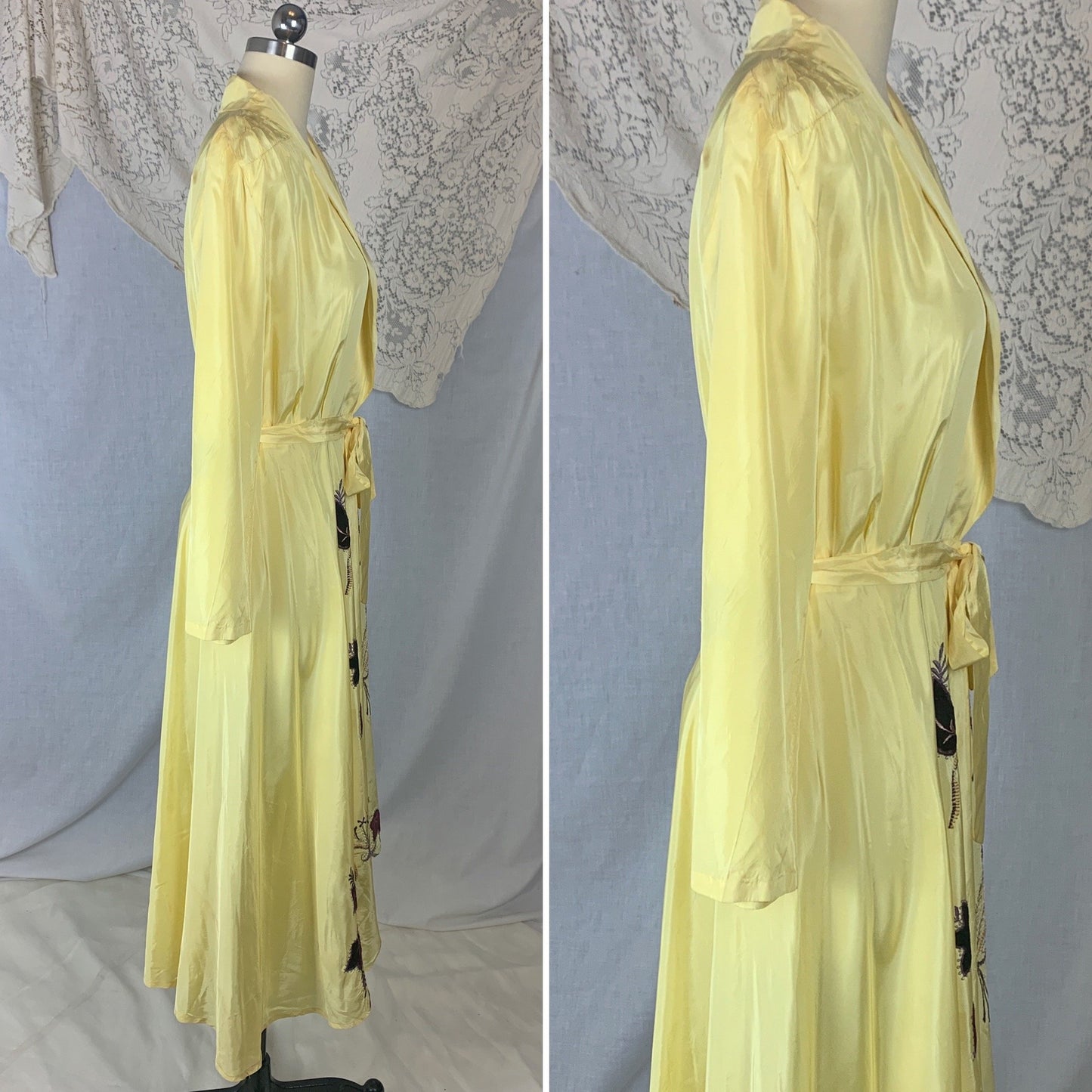 Vintage 1950's Robe | Lemon Yellow Rayon Taffeta with Purple Velvet Floral Appliqués | Size M - Daggers & Dames