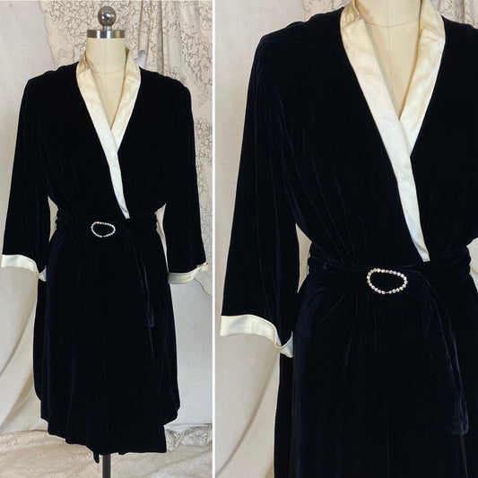 Vintage 1950's Robe | Lush Black Rayon Velvet with Pearly White Satin Trim & Rhinestone Belt | Size M | RK Originals - Daggers & Dames