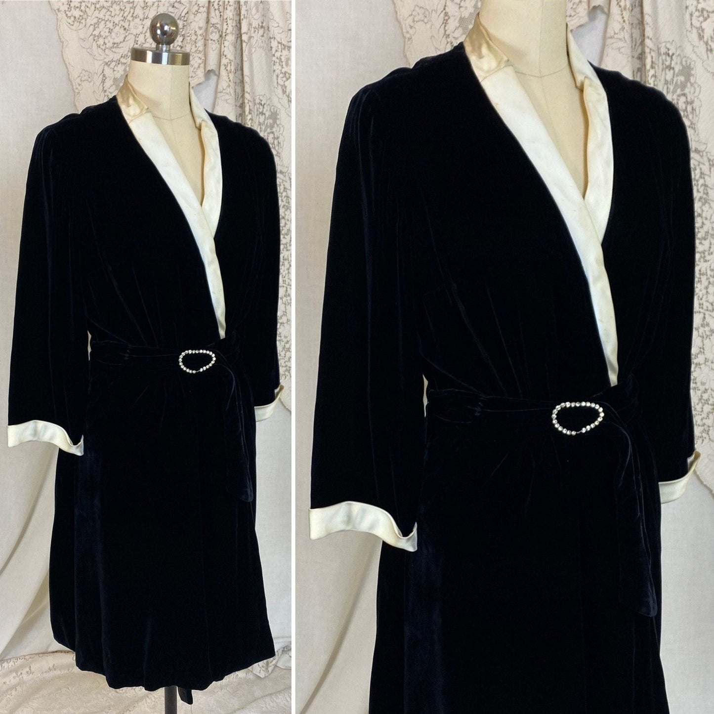Vintage 1950's Robe | Lush Black Rayon Velvet with Pearly White Satin Trim & Rhinestone Belt | Size M | RK Originals - Daggers & Dames
