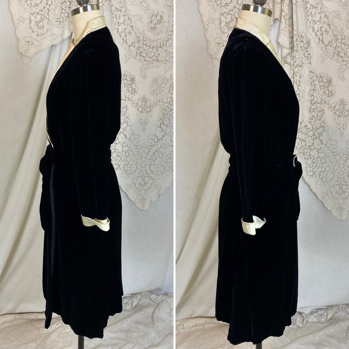 Vintage 1950's Robe | Lush Black Rayon Velvet with Pearly White Satin Trim & Rhinestone Belt | Size M | RK Originals - Daggers & Dames