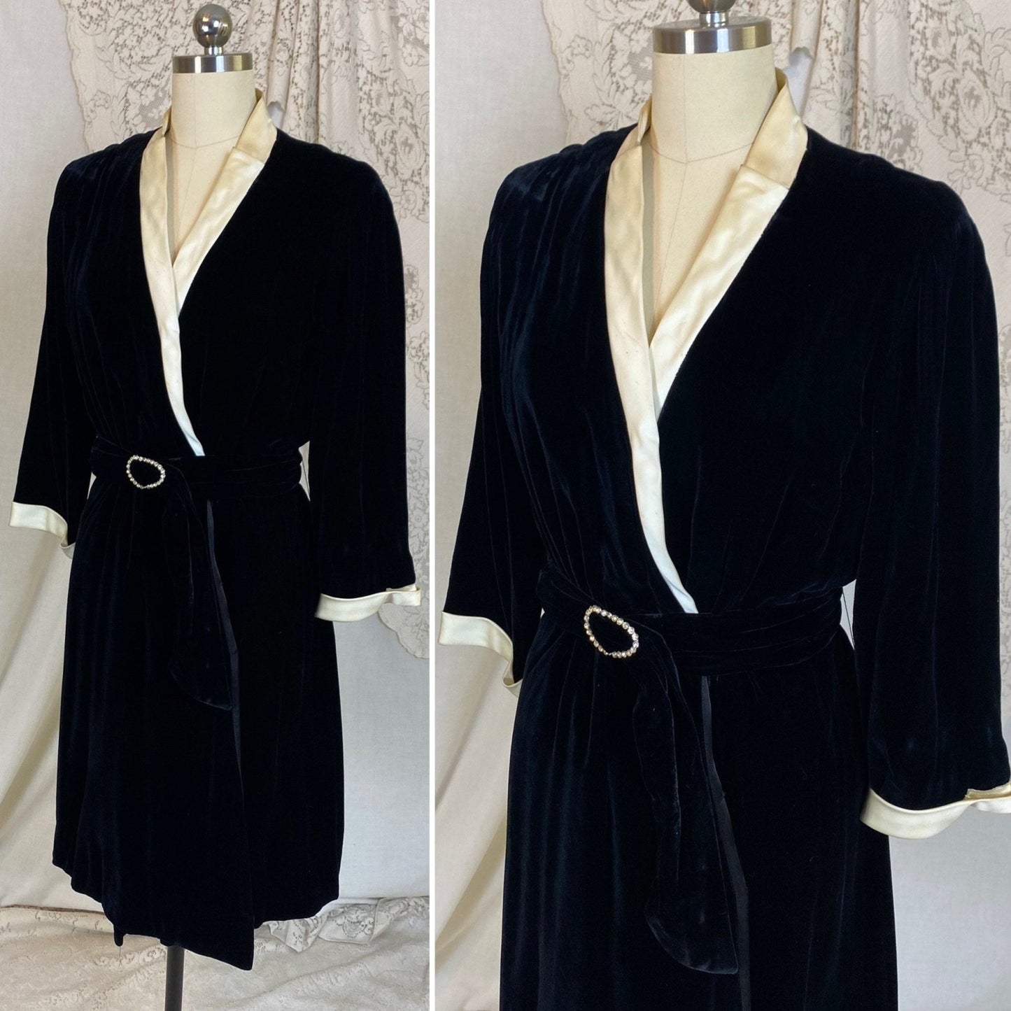 Vintage 1950's Robe | Lush Black Rayon Velvet with Pearly White Satin Trim & Rhinestone Belt | Size M | RK Originals - Daggers & Dames