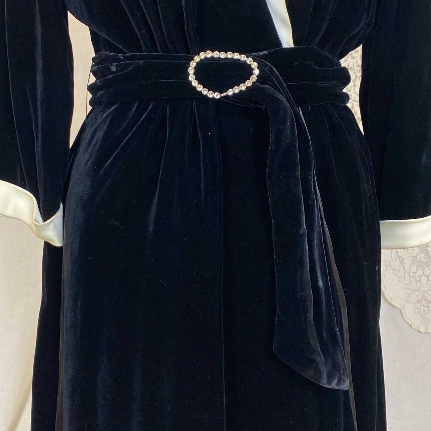 Vintage 1950's Robe | Lush Black Rayon Velvet with Pearly White Satin Trim & Rhinestone Belt | Size M | RK Originals - Daggers & Dames
