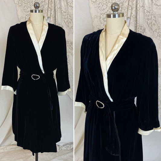 Vintage 1950's Robe | Lush Black Rayon Velvet with Pearly White Satin Trim & Rhinestone Belt | Size M | RK Originals - Daggers & Dames