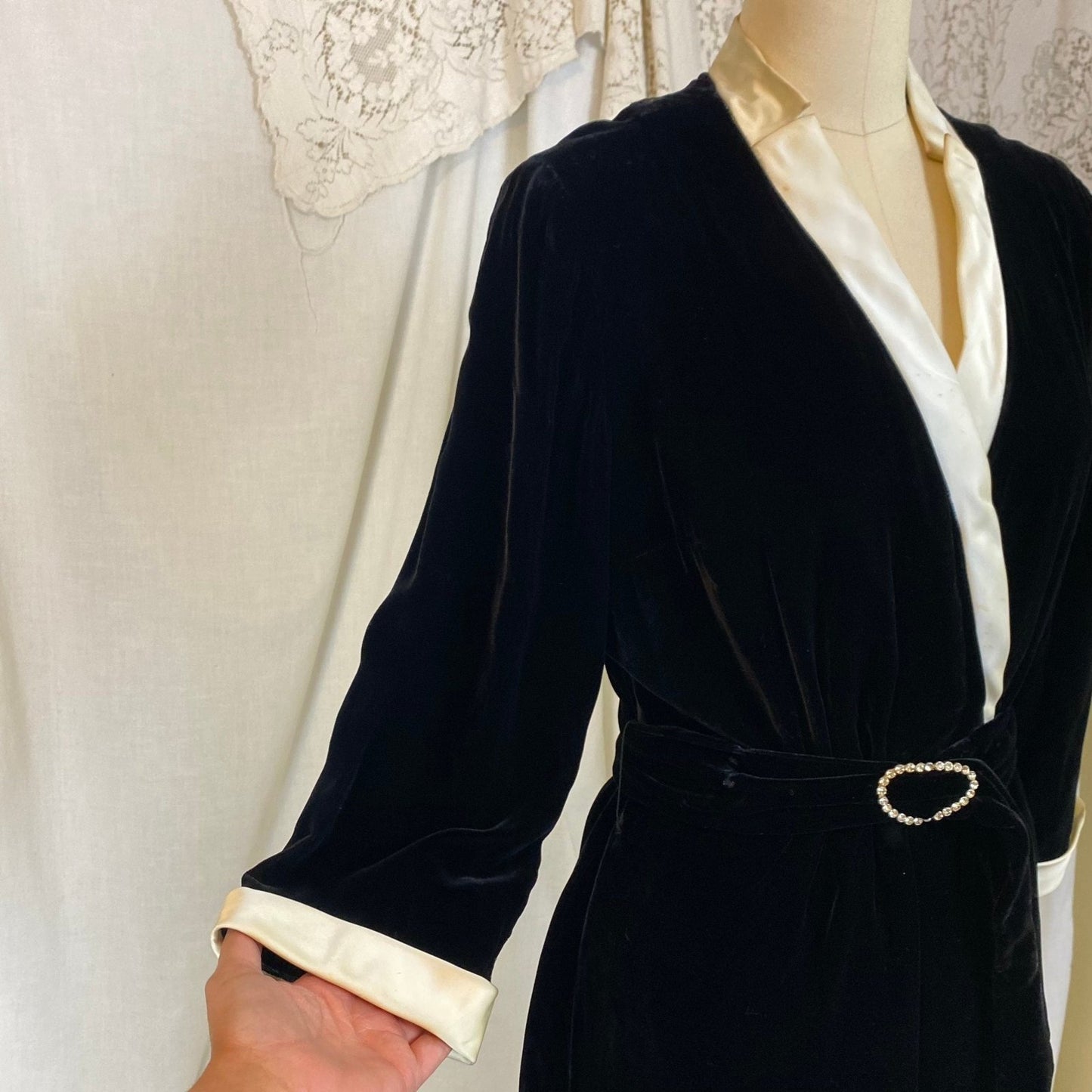 Vintage 1950's Robe | Lush Black Rayon Velvet with Pearly White Satin Trim & Rhinestone Belt | Size M | RK Originals - Daggers & Dames
