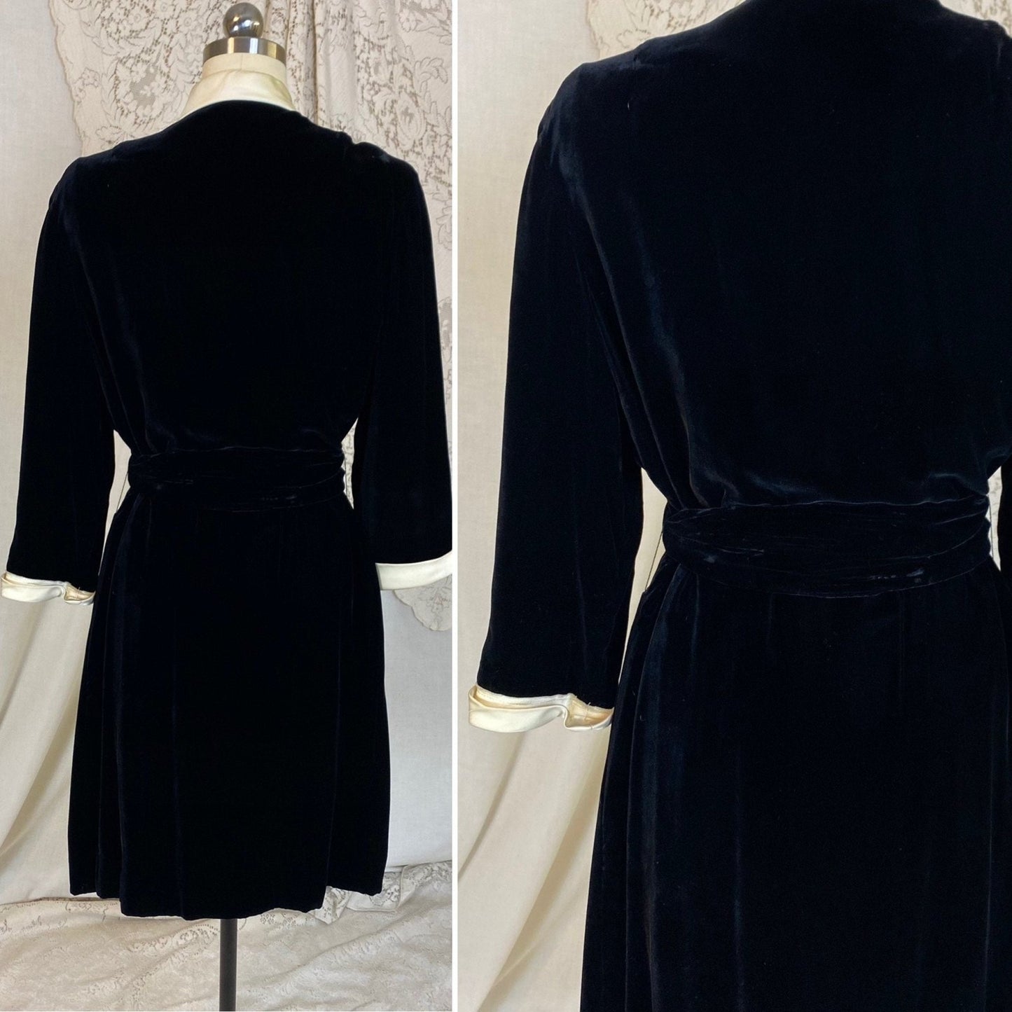 Vintage 1950's Robe | Lush Black Rayon Velvet with Pearly White Satin Trim & Rhinestone Belt | Size M | RK Originals - Daggers & Dames