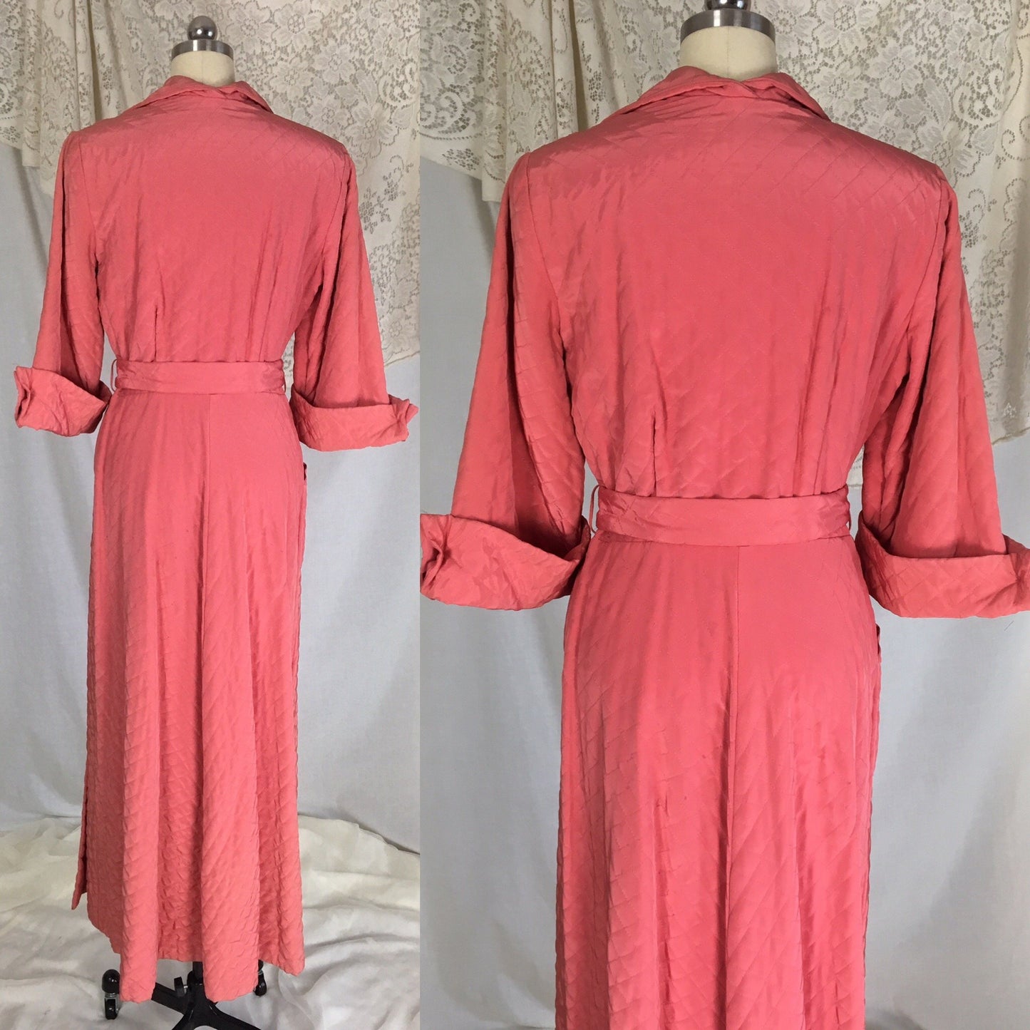 Vintage 1950's Robe | Size LG | Creamy Rose Pink Quilted Cold Rayon with Black Embroidery & Belled Sleeves - Daggers & Dames