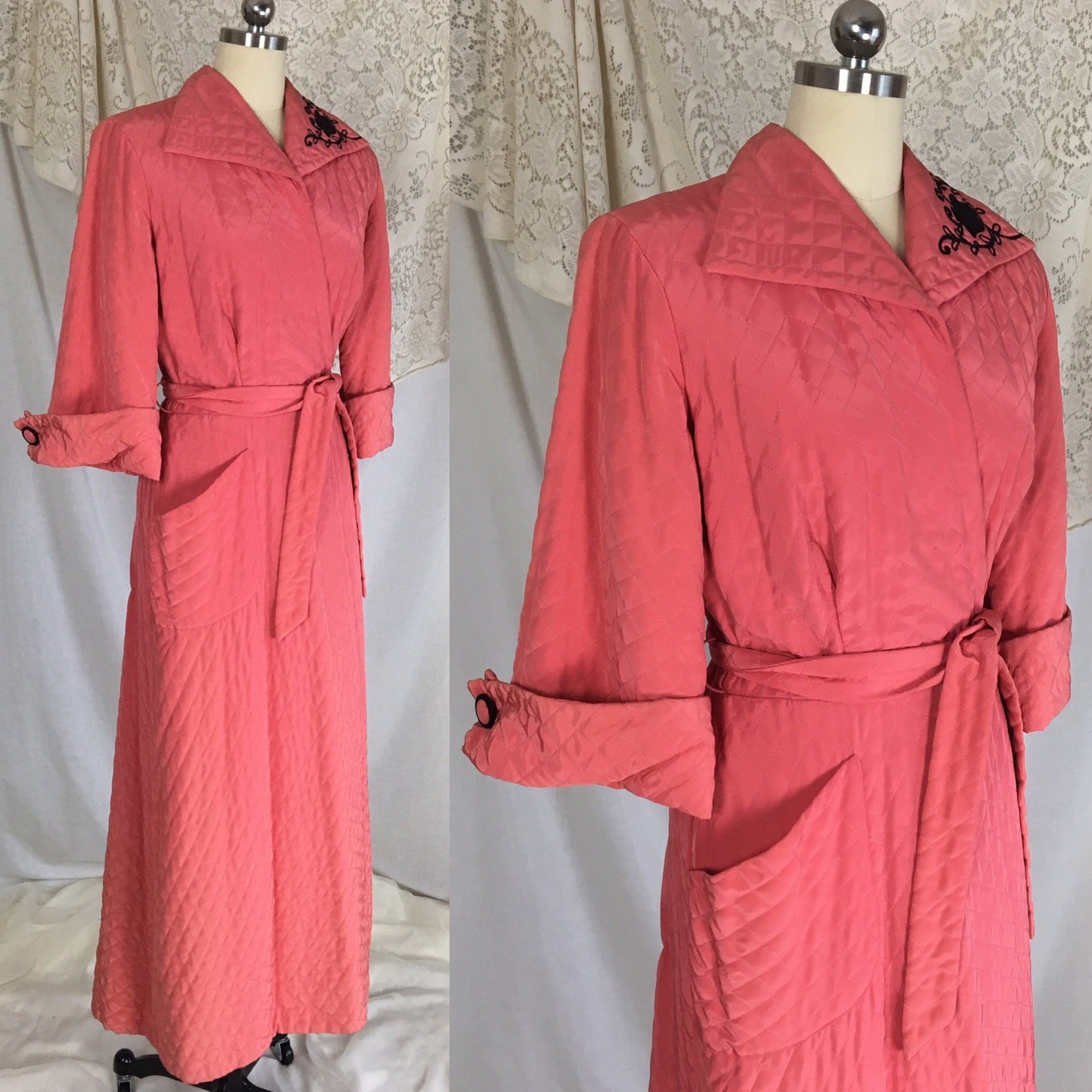 Vintage 1950's Robe | Size LG | Creamy Rose Pink Quilted Cold Rayon with Black Embroidery & Belled Sleeves - Daggers & Dames