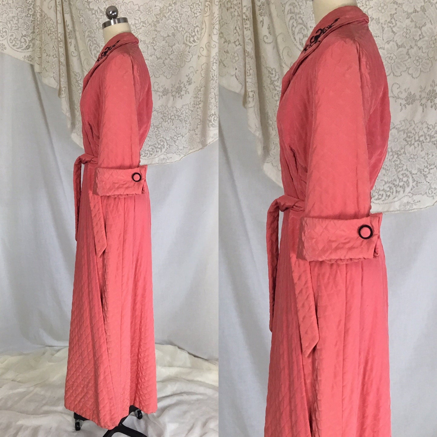 Vintage 1950's Robe | Size LG | Creamy Rose Pink Quilted Cold Rayon with Black Embroidery & Belled Sleeves - Daggers & Dames