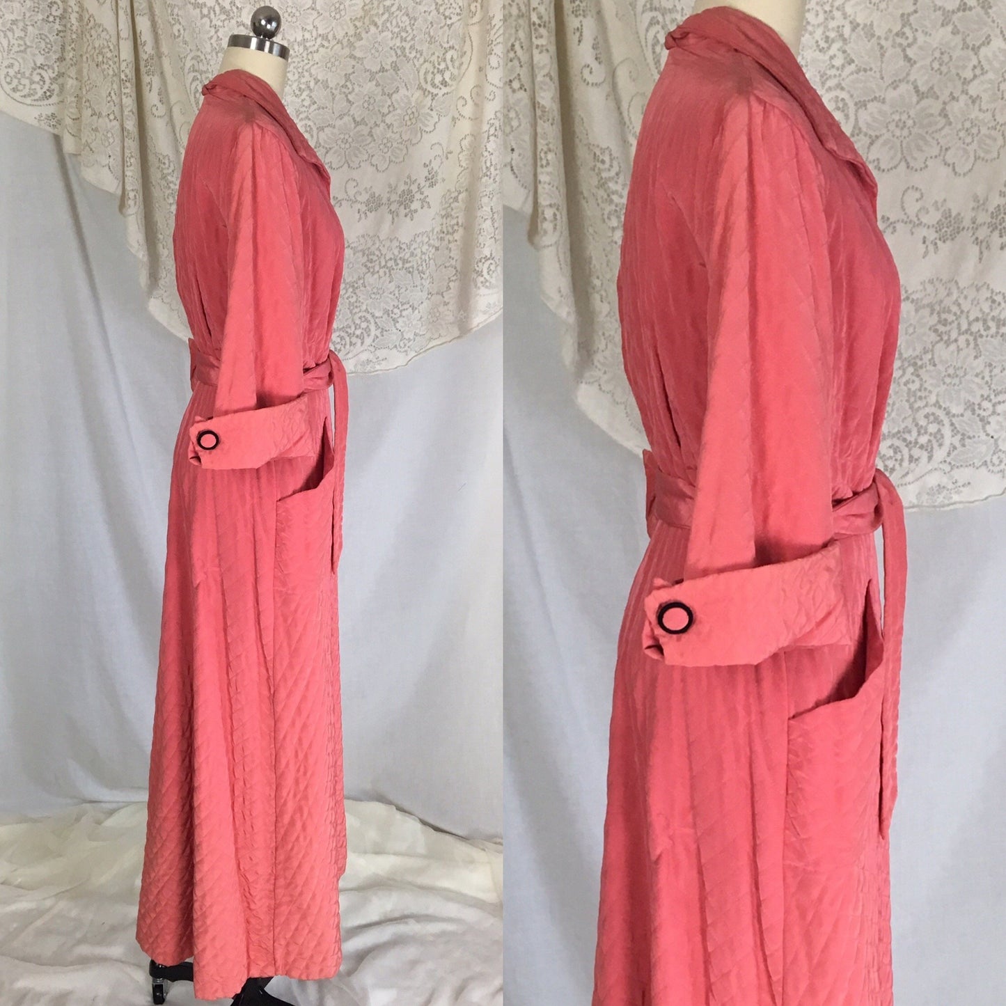 Vintage 1950's Robe | Size LG | Creamy Rose Pink Quilted Cold Rayon with Black Embroidery & Belled Sleeves - Daggers & Dames