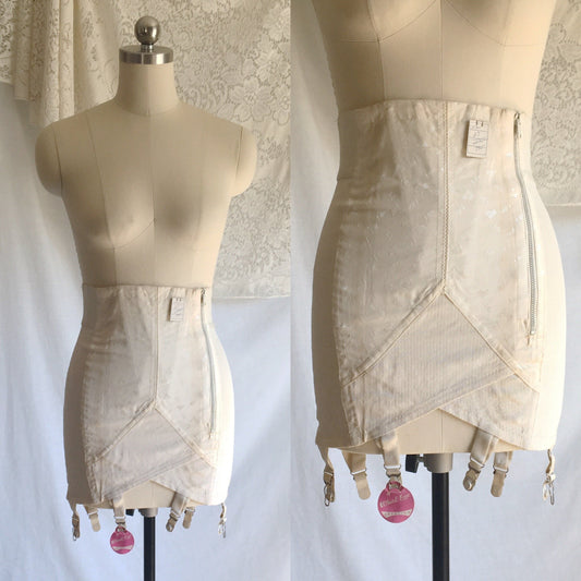 Vintage 1950's Sarong Girdle | Ivory Rayon & Cotton Brocade with Boning | Whirl-Eze by Rivoli Corsets | Size SM, MED - Daggers & Dames