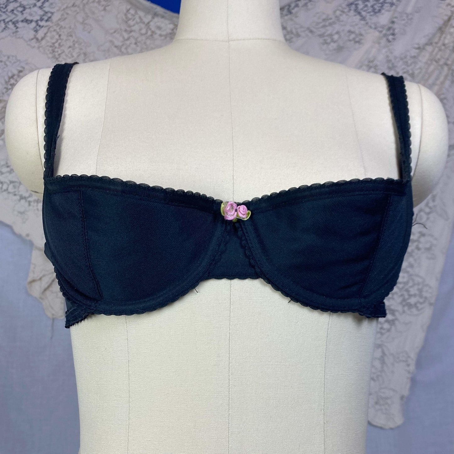 Vintage 1950's Shelf Bra | Black Nylon with Chiffon & Scalloped Edges | Size 36 B | Peter Pan - Inspired by Oleg Cassini - Daggers & Dames
