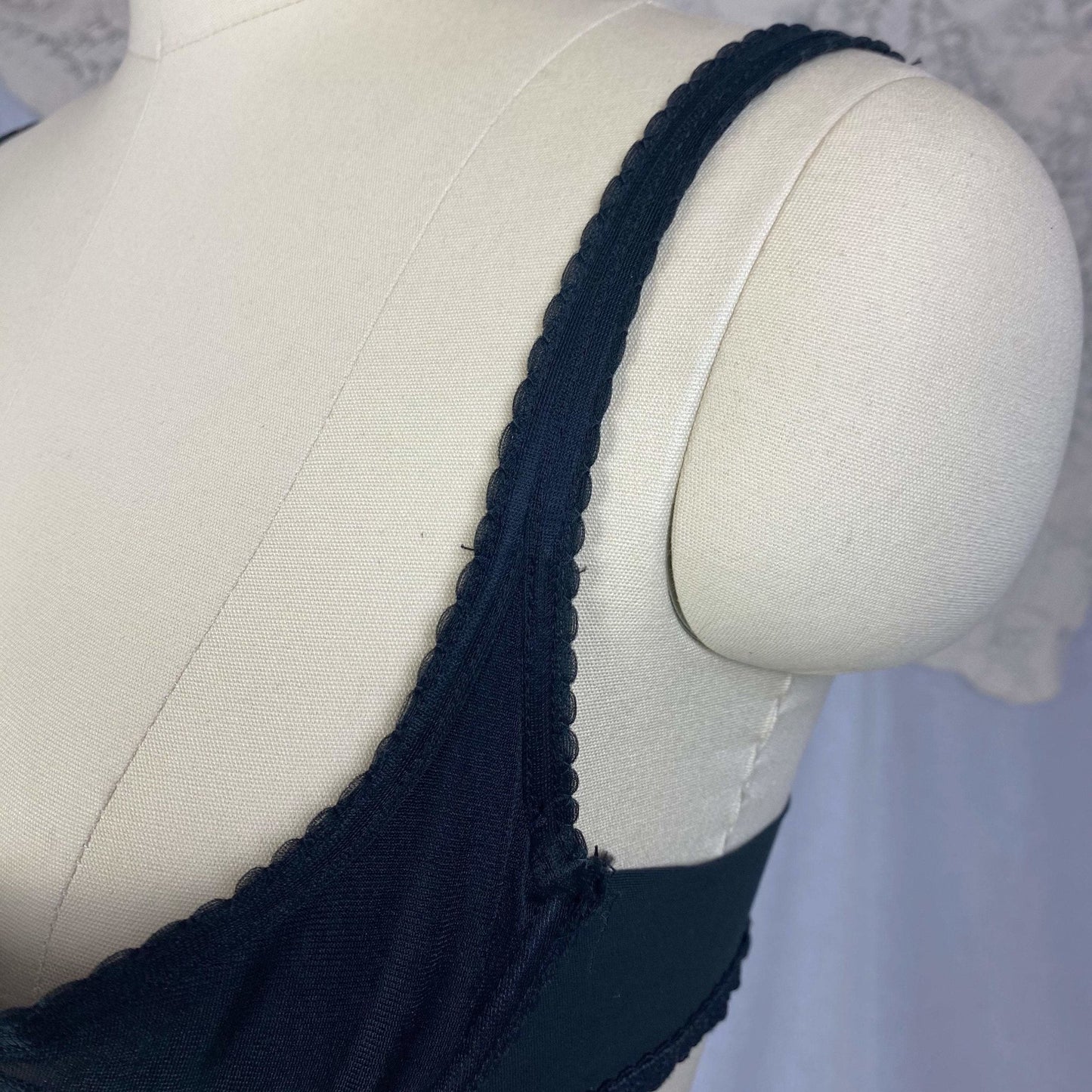Vintage 1950's Shelf Bra | Black Nylon with Chiffon & Scalloped Edges | Size 36 B | Peter Pan - Inspired by Oleg Cassini - Daggers & Dames