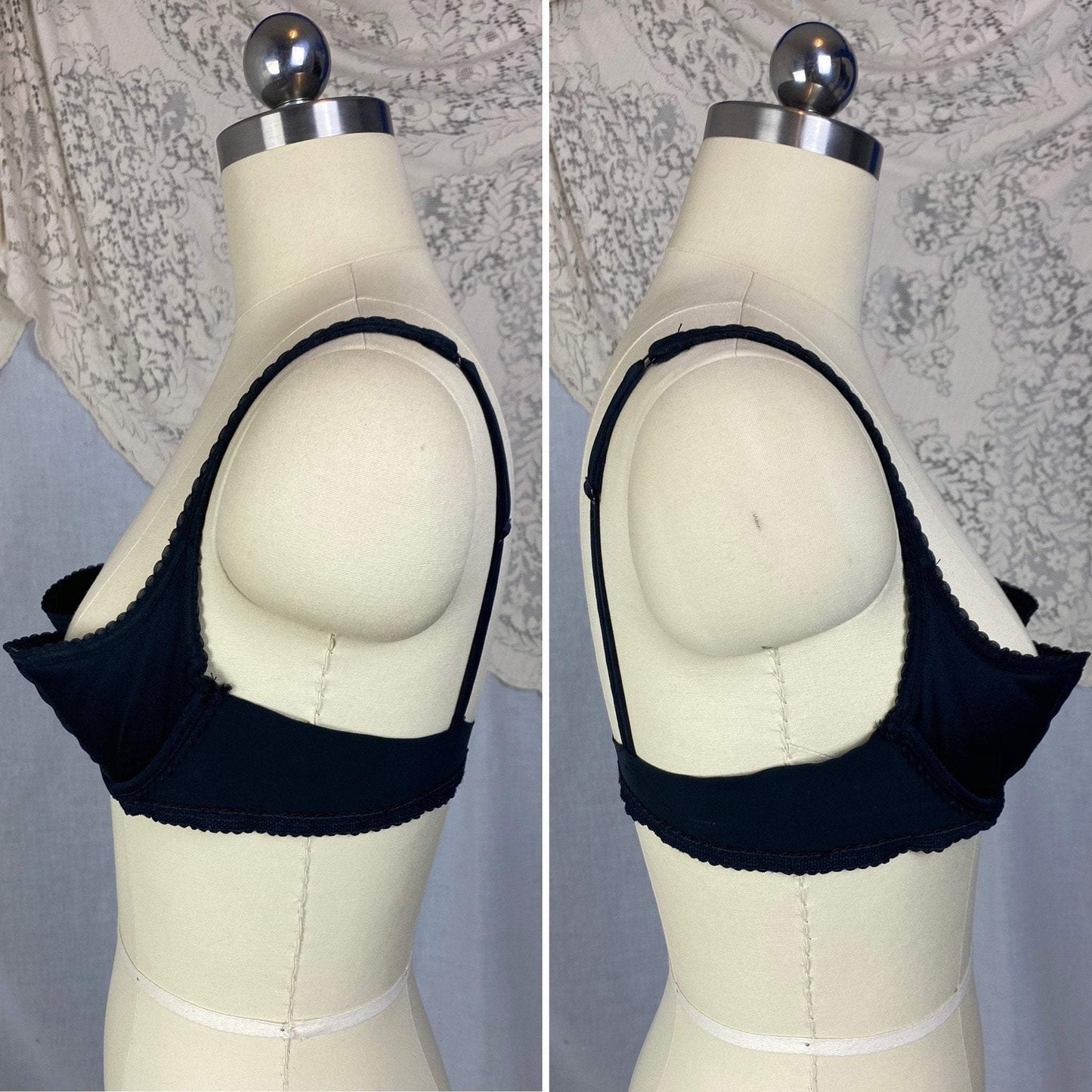 Vintage 1950's Shelf Bra | Black Nylon with Chiffon & Scalloped Edges | Size 36 B | Peter Pan - Inspired by Oleg Cassini - Daggers & Dames